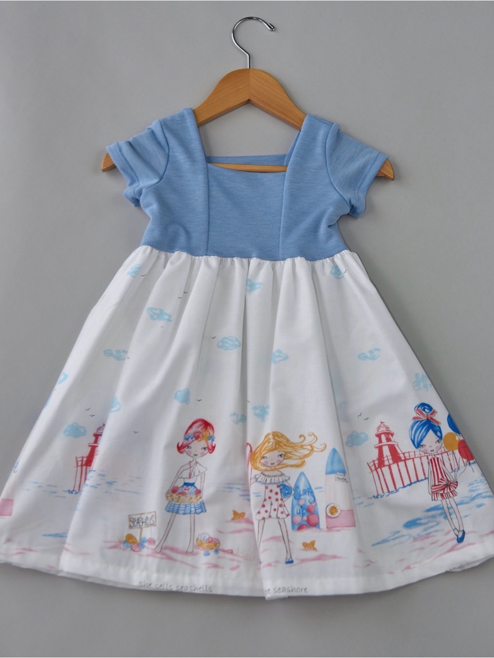 Girls' Light Blue Bodice White Skirt Seaside Print Dress